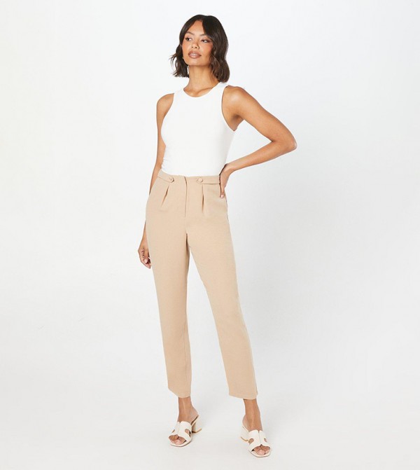 Button Front Slim Leg Trousers