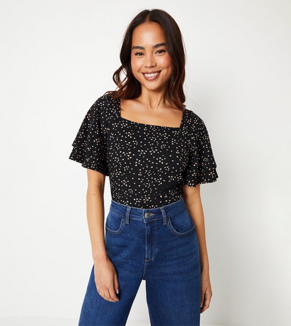 Petite Square Neck Double Frill Sleeves Top