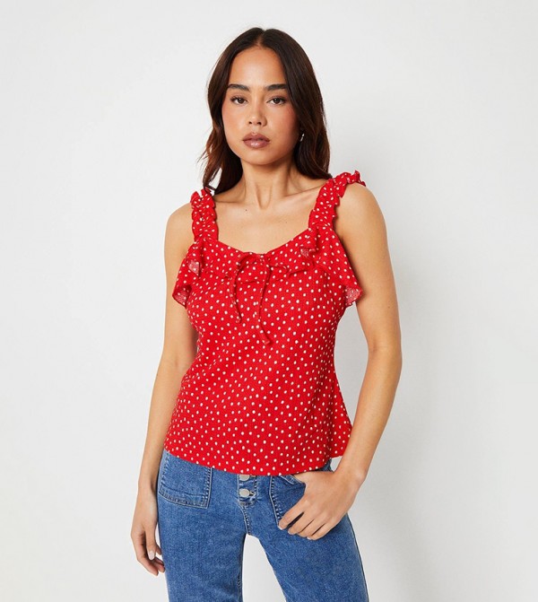 Petite Tie Front Frill Detail Vest Top