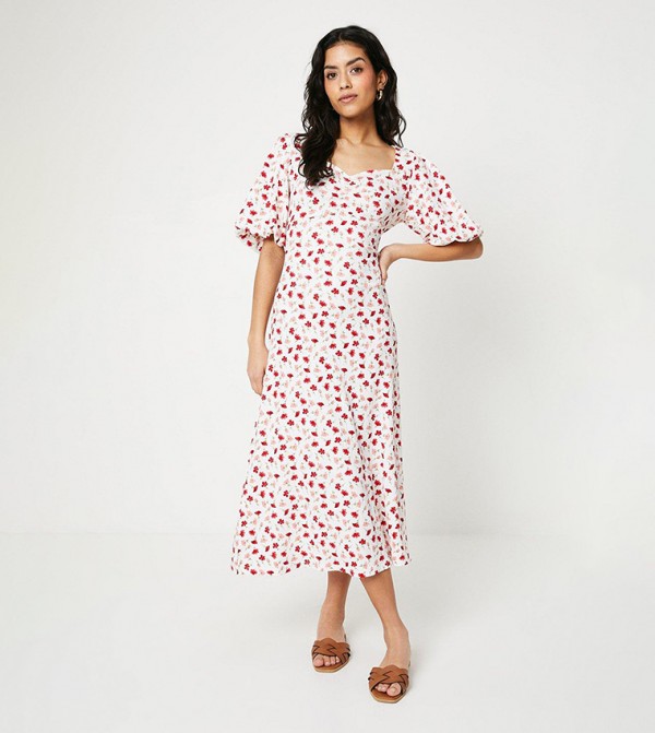 Petite Ditsy Ruched Front Puff Sleeves Midi Dress