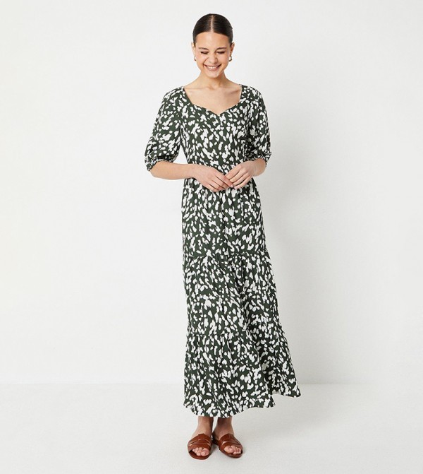 Abstract Tiered Puff Sleeves Midi Dress