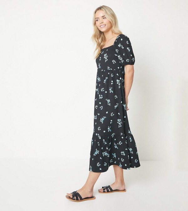 Petite Floral Print Square Neck Tiered Midi Dress