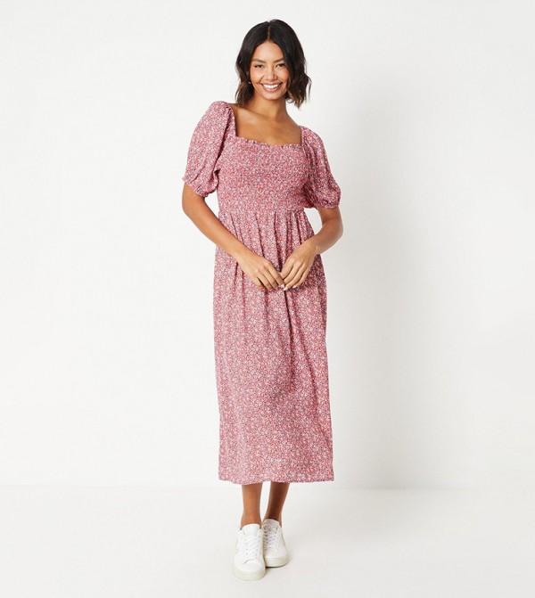Ditsy Shirred Bodice Midi Dress