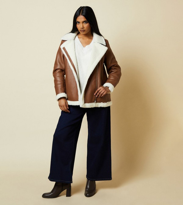 Petite Faux Leather Aviator Jacket