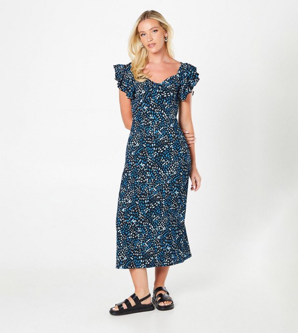 Animal Ruffle Sleeves Midi Dress
