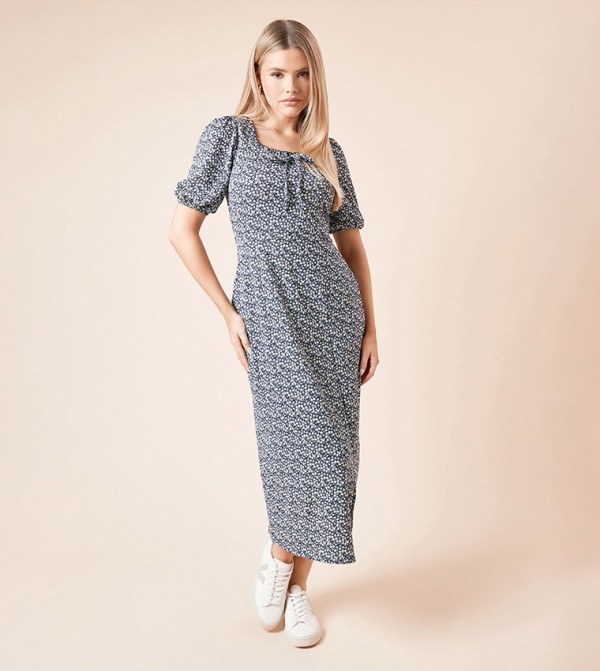 Ditsy Ruffle Neck Midi Dress