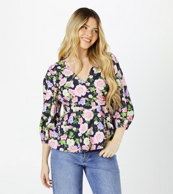 Large Floral Print Wrap Top