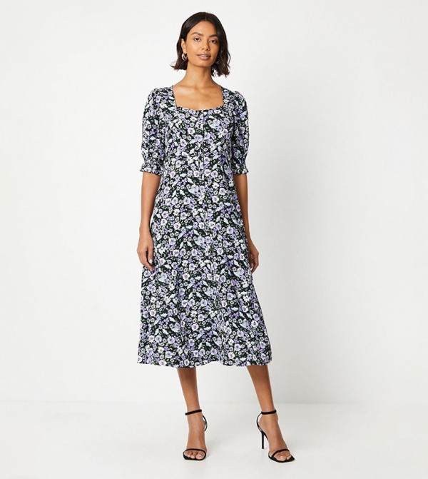 Blue Ditsy Short Sleeves Shirt Dress