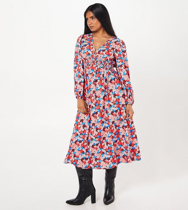 Petite Ditsy Floral Print V-Neck Shirred Waist Midi Dress