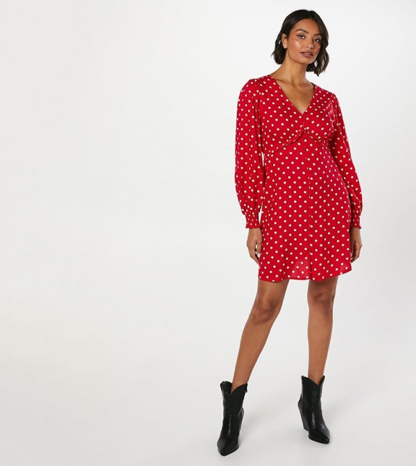 Petite Polka Dots Button Front Mini Dress