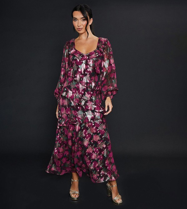 Floral Printed Ruffle Long Sleeves Maxi Dress