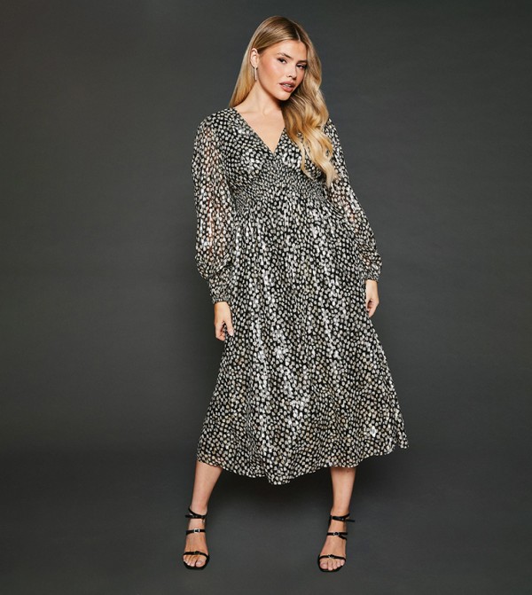 Abstract Print V-Neck Metallic Midi Dress