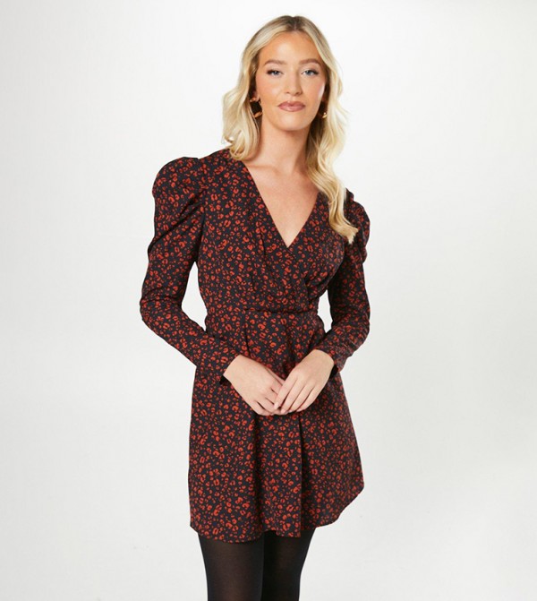 Printed Empire Wrap Long Sleeves Mini Dress