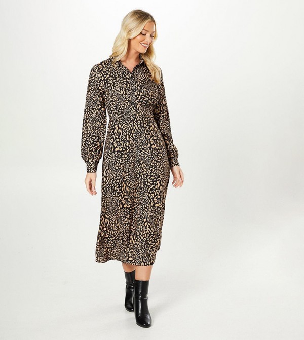 Animal Print Empire Long Sleeves Midi Shirt Dress
