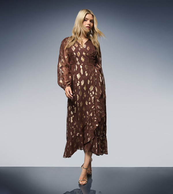 Jacquard Ruffle Wrap Long Sleeves Midi Dress