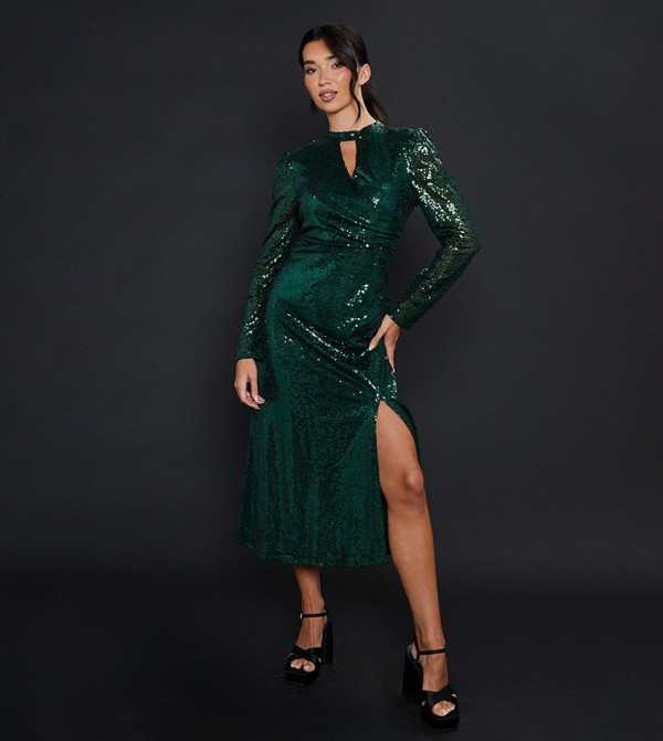 Sequined Long Sleeves Keyhole Midi Dress
