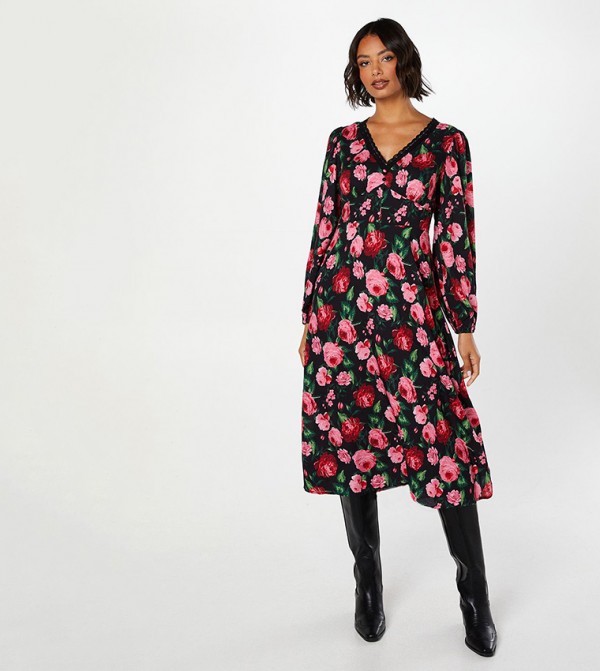 Printed Lace Trim Button Front Midi Dress
