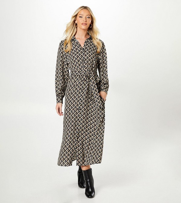 Geo Print Long Sleeves Midi Shirt Dress