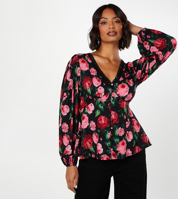 Floral Print Lace Trim Long Sleeves Top