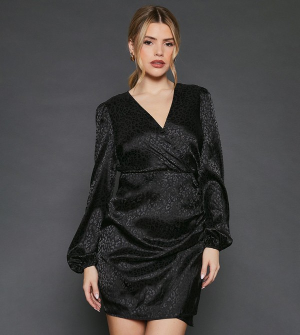 Satin Wrap Long Sleeves Mini Dress
