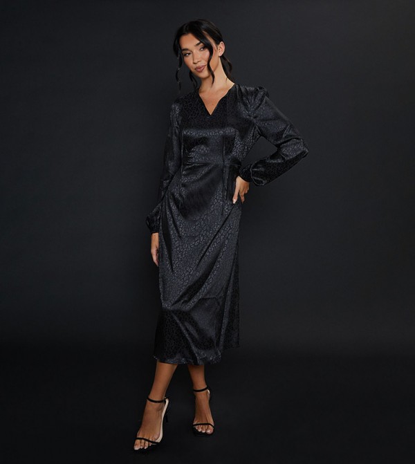 Satin Animal Jacquard Long Sleeves Mini Dress