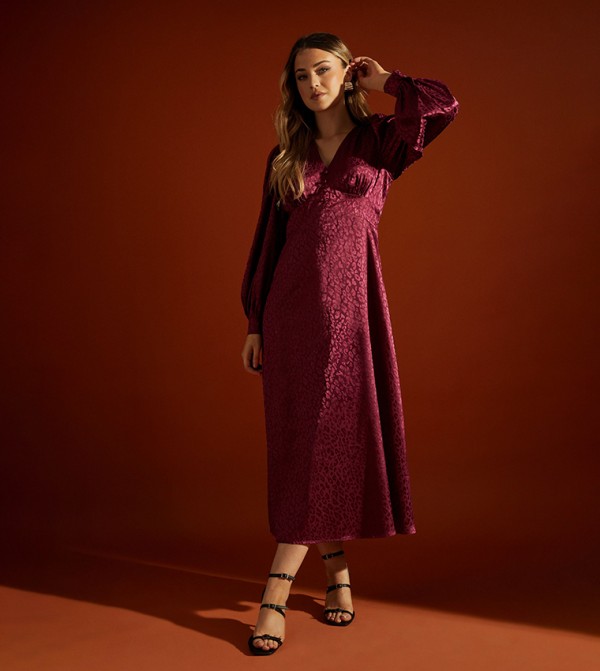 Satin Animal Patterned Empire Long Sleeves Midi Dress