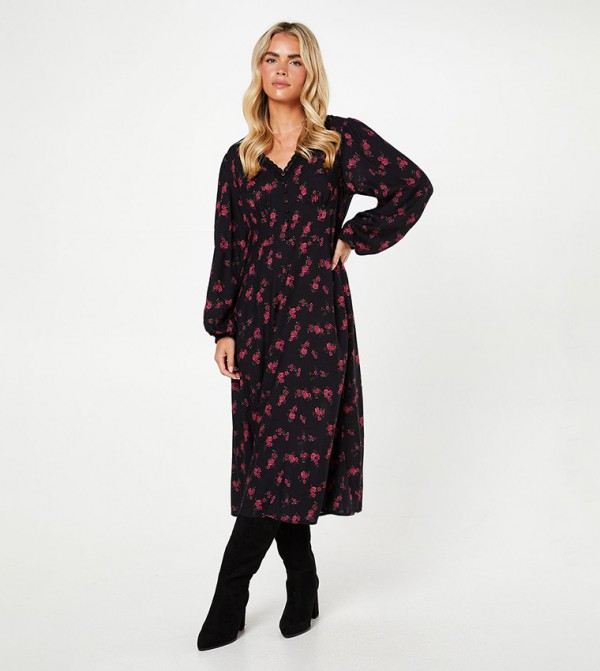 Petite Printed Long Sleeves Lace Trim Midi Dress