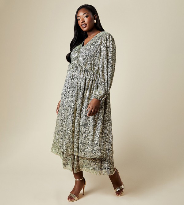 Curve Printed Mesh Leopard Pleated Midi Dress