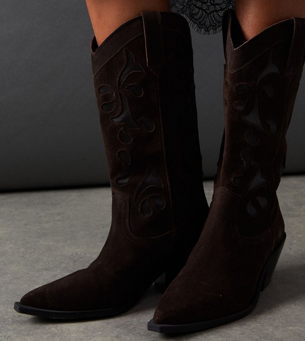 Sadie Suede Cut-Out Western Calf Length Boots