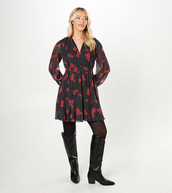 Red Floral Printed Chiffon Long Sleeves Mini Dress