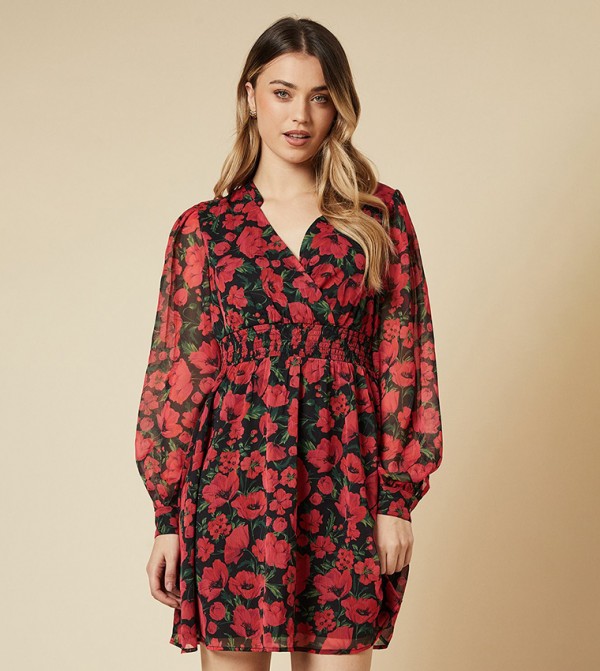 Floral Print Chiffon Shirred Waist Long Sleeves Mini Dress