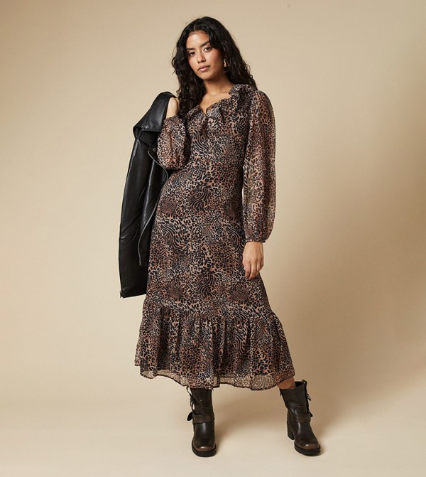 Petite Leopard Chiffon Ruffle Neck Long Sleeves Midi Dress