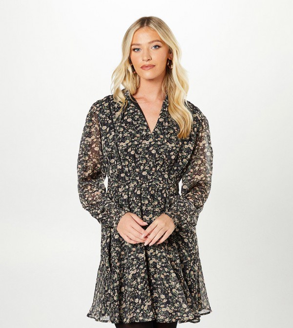 Floral Chiffon Long Sleeves Mini Dress