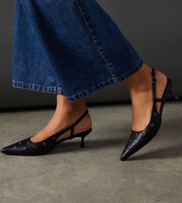 Eyelet Detail Kitten Heel Slingback Pumps
