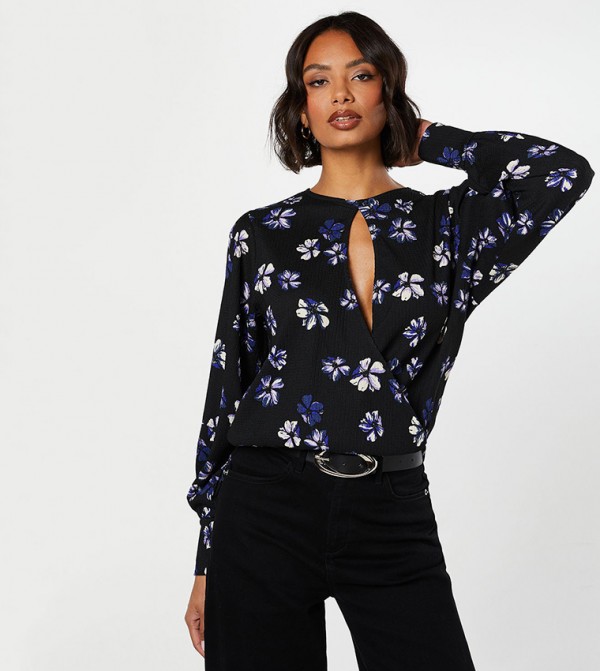 Floral Print Long Sleeves Wrap Top