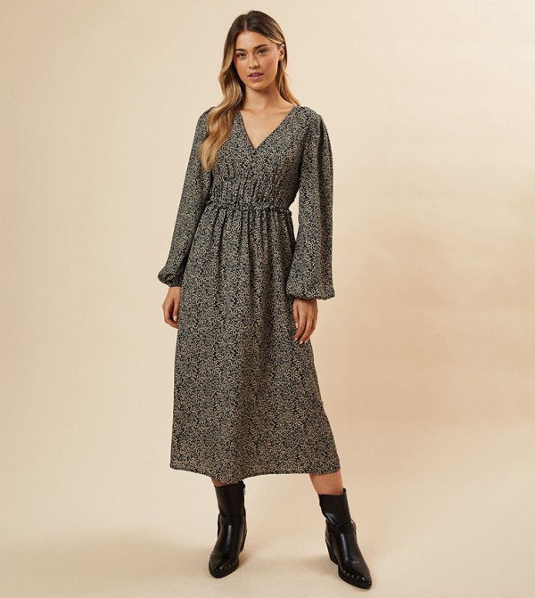 Abstract Balloon Sleeves Midi Dress