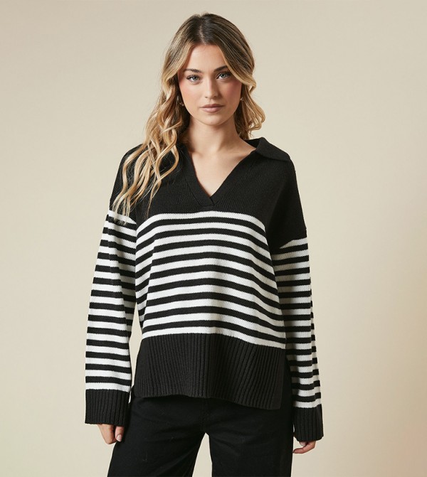 Striped Collared Knitted Sweater