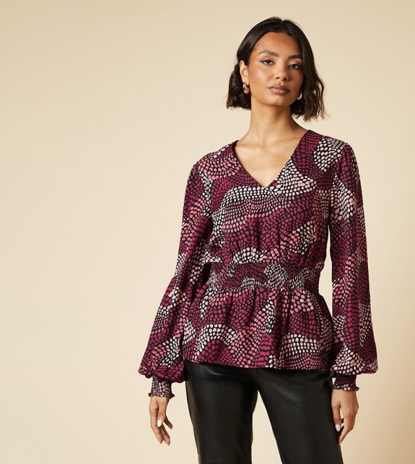 Tall Printed V-Neck Shirred Waist Top