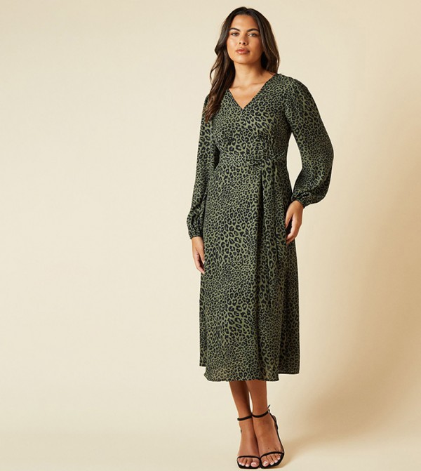 Animal Print V-Neck Long Sleeves Midi Dress