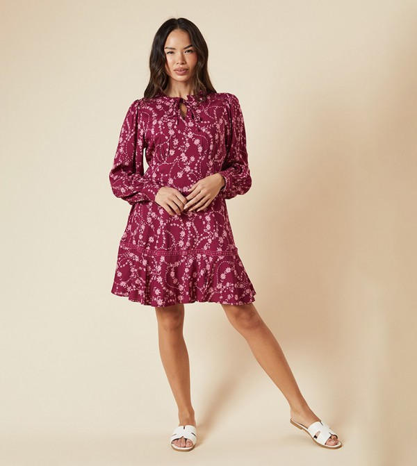 Floral Print Lace Yoke Mini Dress