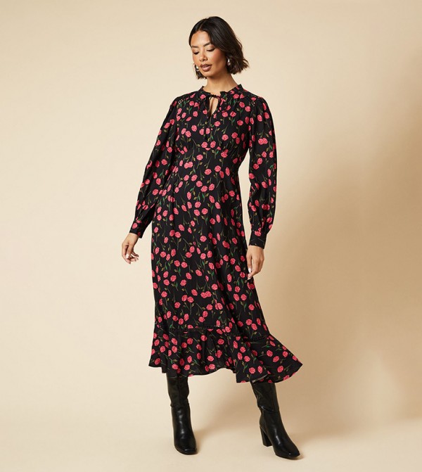 Floral Printed Lace Yoke Midi Dress