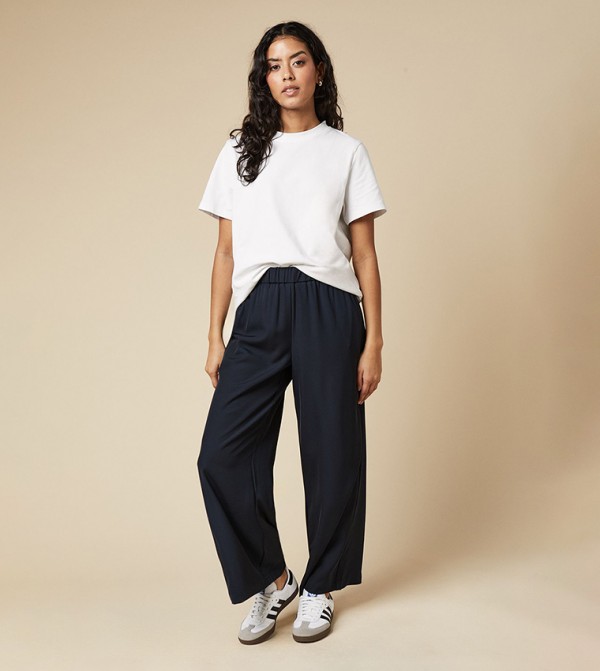 Petite Elastic Waist Straight Fit Trousers
