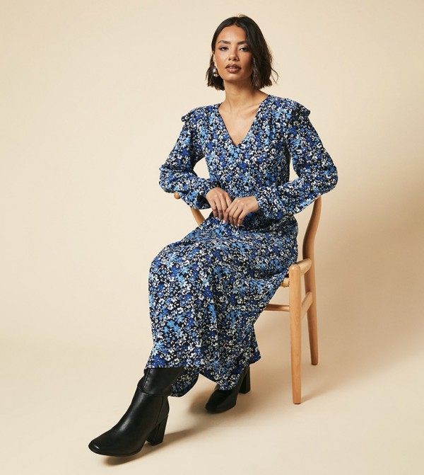Tall Floral Print Frill Shoulder Shirred Waist Long Sleeves Midi Dress