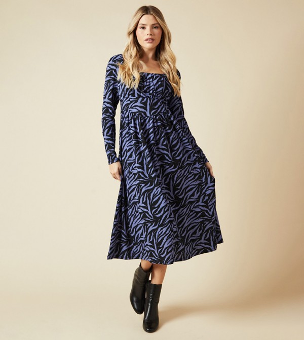Zebra Patterned Seam Detail Midi Dress