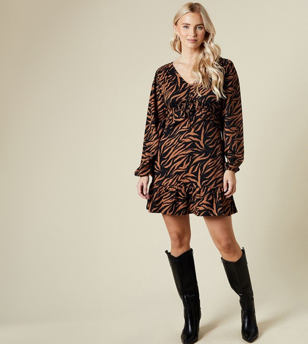 Animal Print Ruffled Long Sleeves Mini Dress