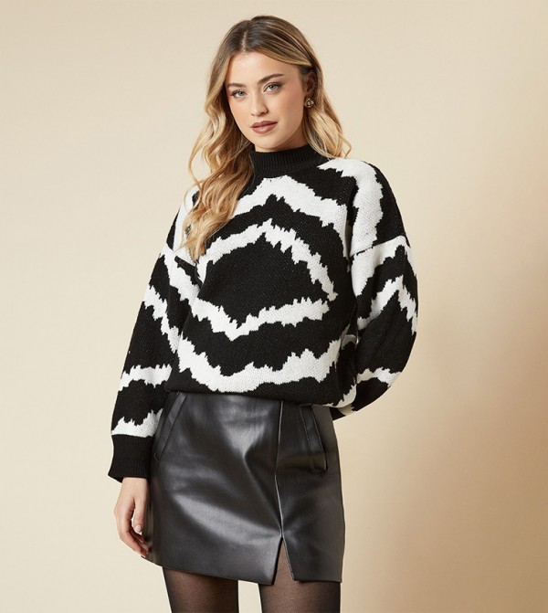 Abstract Jacquard Detail Crew Neck Sweater