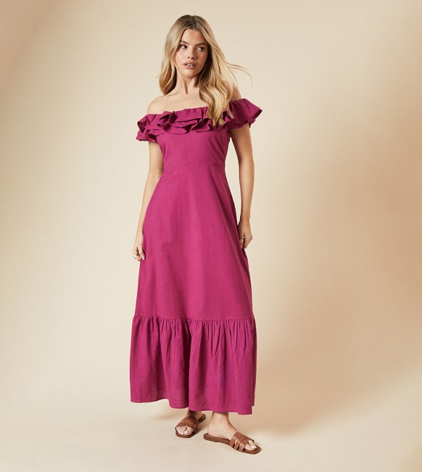 Off Shoulder Ruffle Linen Maxi Dress