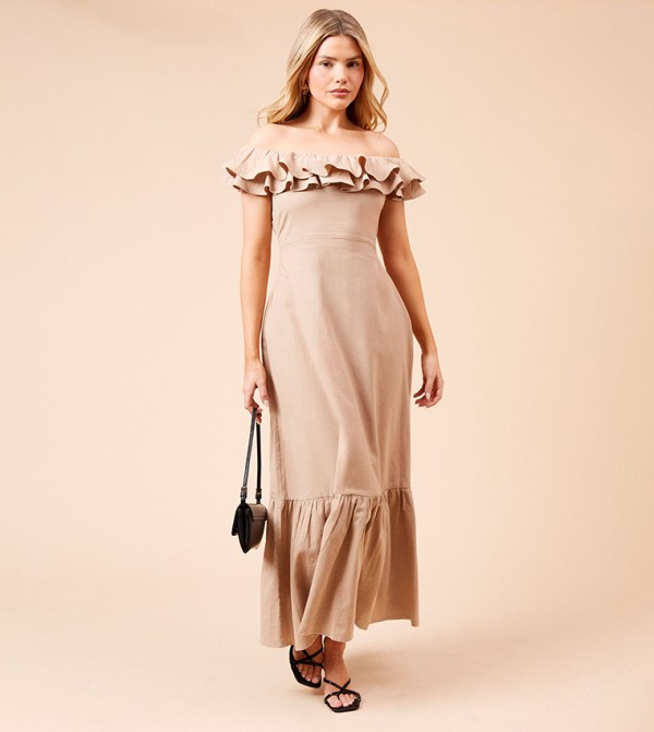 Off Shoulder Ruffle Linen Maxi Dress