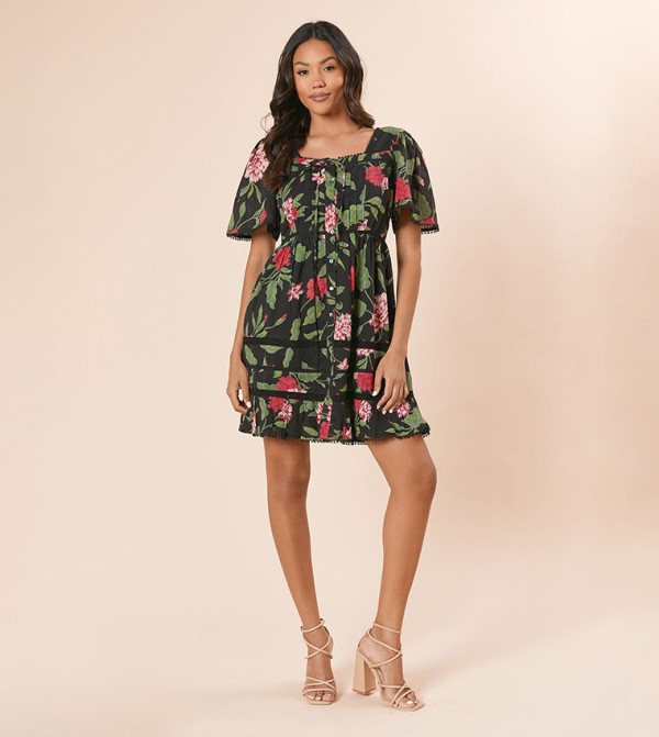 Floral Printed Lace Trim Button Front Mini Dress