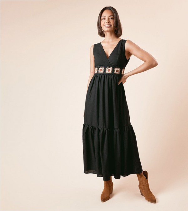 Sleeveless Trim Wrap Midi Dress